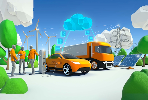 3D Animation, die das gesamte Ökosystem des Transformationsprozess im Automobilsektor darstellt. Im Hintergrund sind mehrere Windräder und Solarpanels, eine große blaue Wolke, die mehrere Datenpakete überträgt, davor stehen ein elektrischer Pkw und Lkw. Im Vordergrund stehen außerdem drei Personen und unterhalten sich.